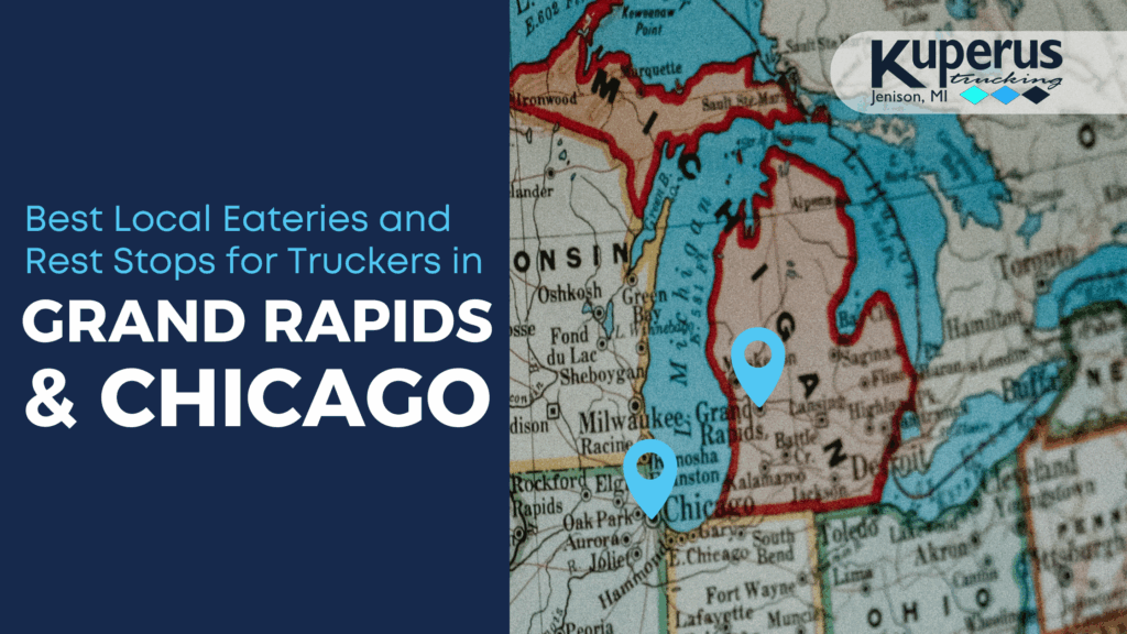 picture of a map with text that says Best eateries and rest stops for truckers in grand rapids and chicago